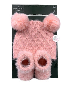 Laura Ashley Powder Pink Faux Fur Pom Pom Ears Knitted Baby Hat & Booties Set