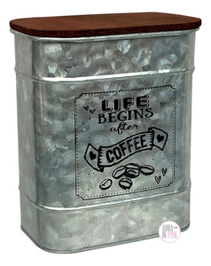 Life Begins After Coffee Tin Canister w/Wooden Lid - Aura In Pink Inc.
