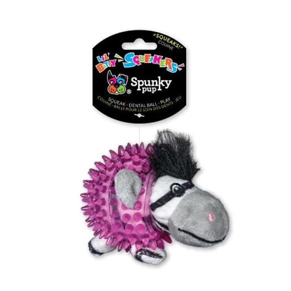 Lil' Bitty Squeakers Spunky Pup Zebra Squeaky Plush Pink Spiker Ball Dog Toy - Aura In Pink Inc.