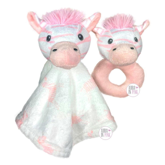 Lila & Jack New York Pink Zebra Lovey Nunu Woobie Blankie mit Rassel 2-teiliges Baby-Geschenkset