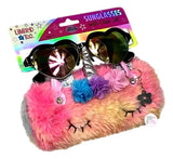 Limited Too Fashionista Kids Heart-Shape Mirrored Sunglasses & Unicorn Pastel Cotton Candy Rainbow Faux Fur Case Set - Aura In Pink Inc.