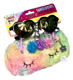 Limited Too Fashionista Kids Heart-Shape Mirrored Sunglasses & Unicorn Pastel Cotton Candy Rainbow Faux Fur Case Set - Aura In Pink Inc.