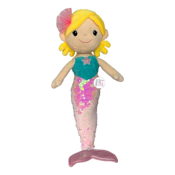 Linzy Plush Under The Sea Blonde Mermaid w/Iridescent Pink & White Flip-Sequins Tail - Aura In Pink Inc.