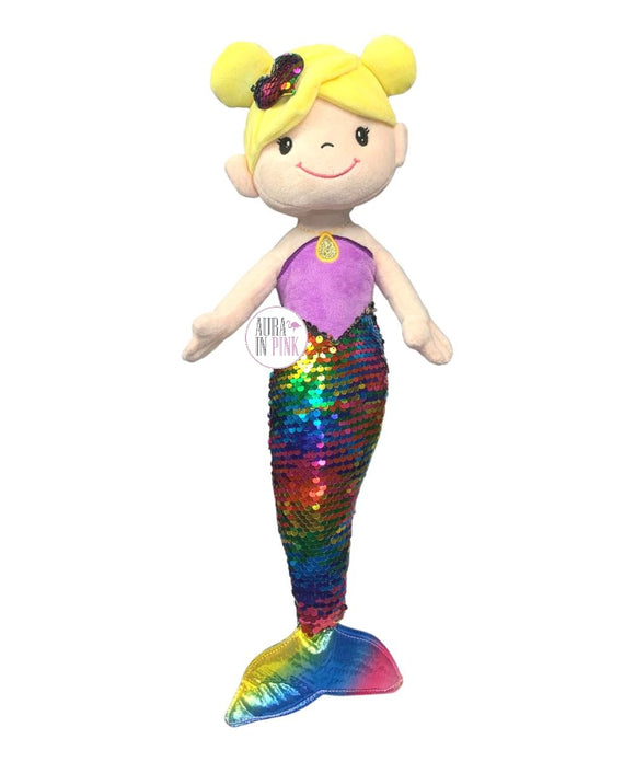 Linzy Plüsch „Unter dem Meer“, blonde Meerjungfrau mit Schwanz aus metallischen Regenbogen-Pailletten