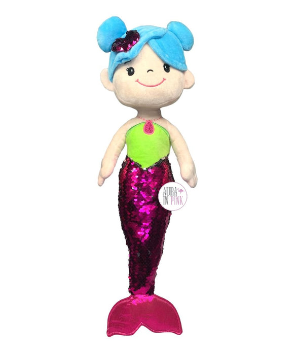 Linzy Plush Under The Sea Blue Hair Mermaid w/Metallic Magenta Pink Flip-Sequins Tail