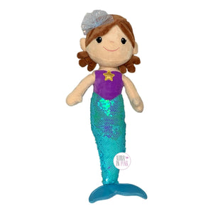 Linzy Plush Under The Sea Brunette Mermaid w/Iridescent Aqua & Blue Flip-Sequins Tail - Aura In Pink Inc.
