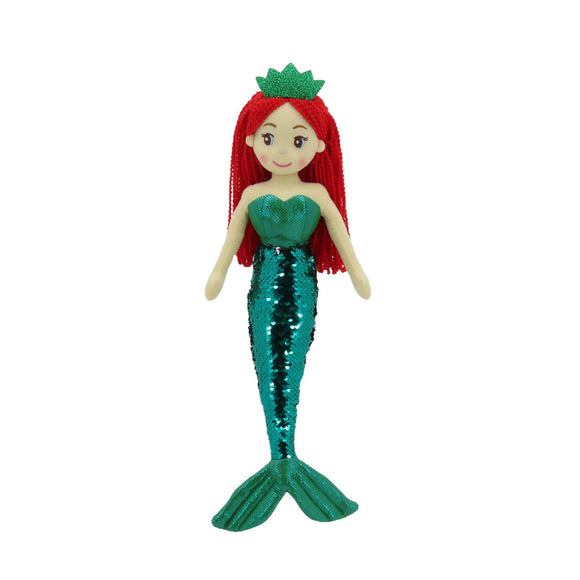 Linzy Plush Under The Sea Red Hair Mermaid w/Metallic Emerald Green Silver Flip-Sequins Tail