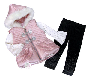 Little Las Pink Shimmer Quilted Vest w/Faux Fur Hoodie 3-Pc Outfit Set - Aura In Pink Inc.