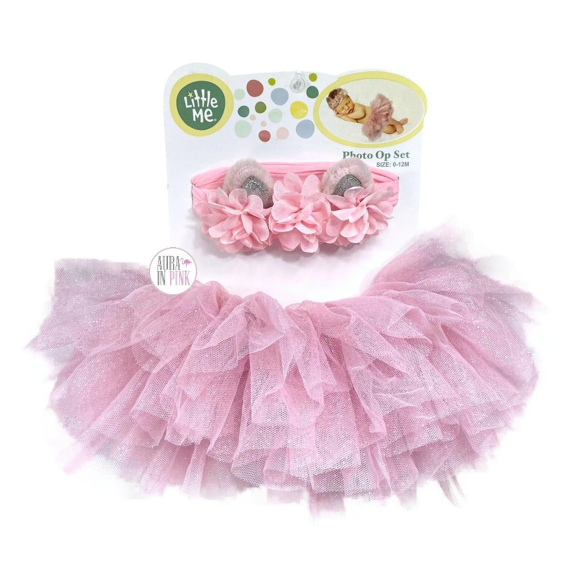 Little Me Pink Sparkly Tutu Floral Eared Headpiece Baby Photo Op Set