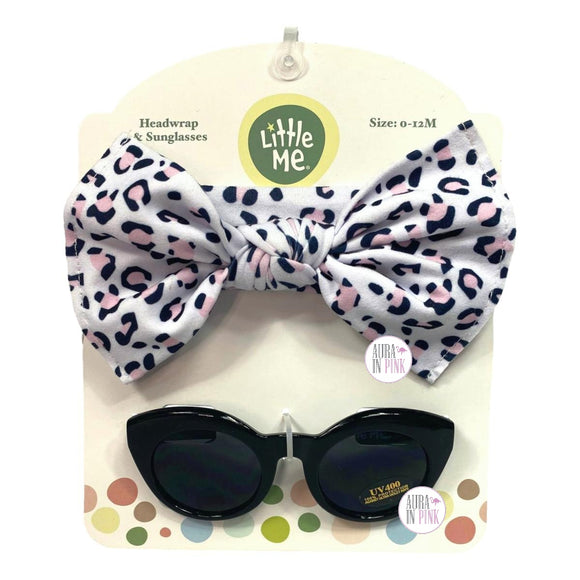 Little Me – Set mit weiß-rosa Leopardenmuster und Schleife für Kleinkinder, modisches Kopftuch und schwarzer Sonnenbrille