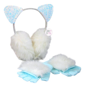 Love 2 Design Ice Blue & White Iridescent Glitter Kitty Ears Faux Fur Ear Muffs & 2-in-1 Gloves Set - Aura In Pink Inc.