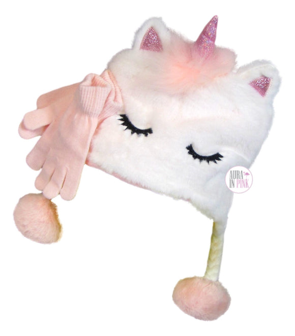 Love 2 Design Pink Glitter Unicorn Plush Faux Fur Hat w/Pom Pom Ties & Gloves Set - Aura In Pink Inc.