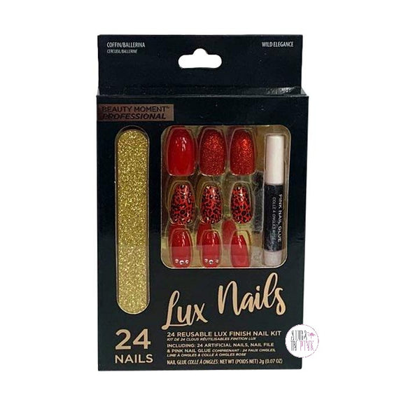 Lux Nails Wild Elegance Gold Glitter & Red Leopard Coffin/Ballerina Tip Nails - Aura In Pink Inc.
