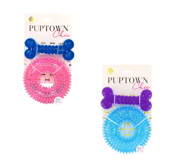 Macbeth Collection Puptown Chic Pink & Blue Glitter Bling Clear Spikey Stars Teether Ring & Blue & Purple Bone Rubber Dog Toy Set of 2