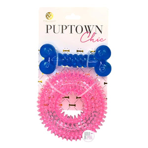 Macbeth Collection Puptown Chic Pink & Blue Glitter Bling Clear Spikey Stars Teether Ring & Blue & Purple Bone Rubber Dog Toy Set of 2