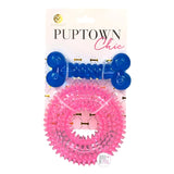 Macbeth Collection Puptown Chic Pink & Blue Glitter Bling Clear Spikey Stars Teether Ring & Blue & Purple Bone Rubber Dog Toy Set of 2 - Aura In Pink Inc.