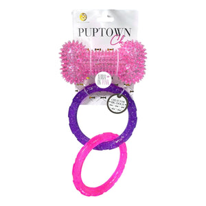 Macbeth Collection Puptown Chic Pink & Blue Glitter Bling Spikey Bones & Pink Blue Purple Rubber Ring Dog Toy Sets of 2