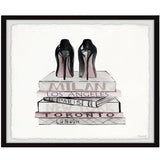 Marmont Hill Getting Ready For Show Stiletto High Heel Red Bottoms On Books Wall Art Framed In Glass - Aura In Pink Inc.