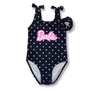 Mattel Barbie Black w/Pink Polka Dots Shoulder Bow Ties Girls' Bathing Suit w/Matching Hair Scrunchie - Aura In Pink Inc.