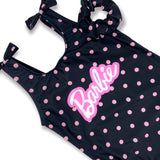 Mattel Barbie Black w/Pink Polka Dots Shoulder Bow Ties Girls' Bathing Suit w/Matching Hair Scrunchie - Aura In Pink Inc.