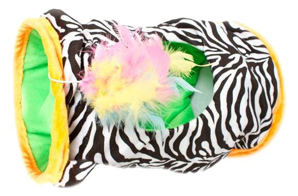 Meow & Me Neon Brights Zebra Print Crinkle Cat Tunnel w/Rainbow Feathers Toy - Aura In Pink Inc.