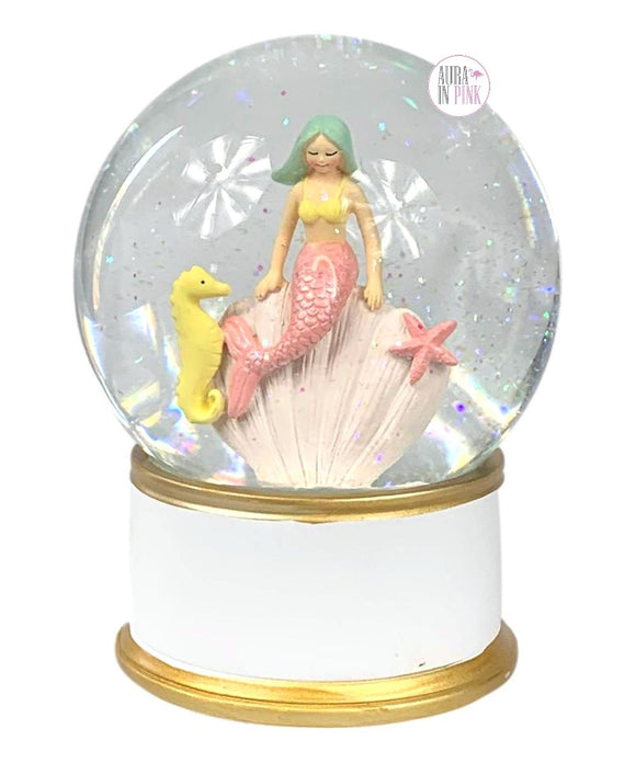 Mermaid & Seahorse On Seashell Iridescent Glitter Glass Snow Globe w/White & Gold Base - Aura In Pink Inc.