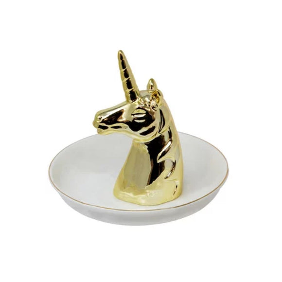 Schmucktablett aus Keramik mit Einhornkopf in Metallic-Gold und Elfenbein