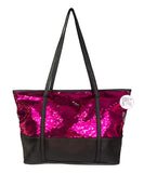 Metallic Pink & Magenta Pink To Silver Flip Sequins Faux Black Leather Large Tote Bags