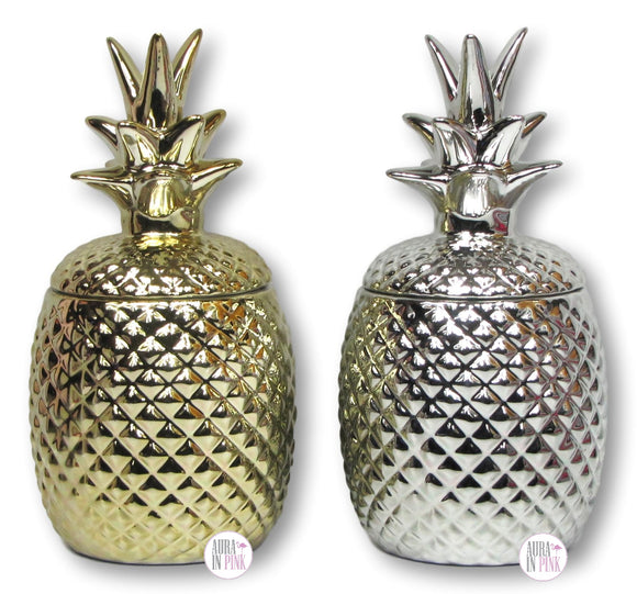 Metallic Silver & Gold Ceramic Canister Jar Pineapples - Aura In Pink Inc.
