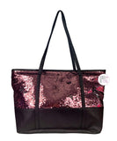 Metallic Pink & Magenta Pink To Silver Flip Sequins Faux Black Leather Large Tote Bags