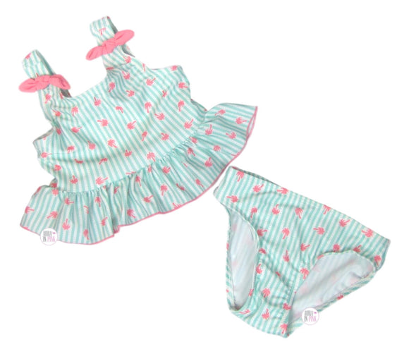 Mia & Miles Pink Palm Tree & Aqua Striped Tankini Toddler 2-Pc Bathing Suit - Size 2T - Aura In Pink Inc.