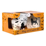 Milly Green Happy Meow-A-Ween Halloween Black Cat Ceramic Coffee Mug & Bamboo Fiber Coaster Boxed Set - Aura In Pink Inc.