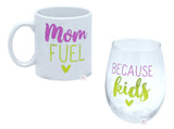 Mom Fuel Because Kids Ceramic Coffee Mug & Stemless Wine Glass Set - Aura In Pink Inc.