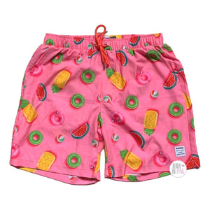 Mosmann Australia Pink Flamingo Pineapple Watermelon Lime Pool Floaties Pink Drawstring Waist Lined Men's Swim Trunks Shorts
