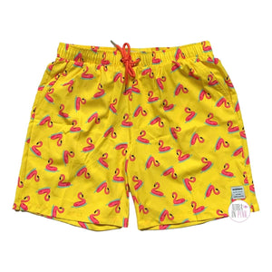 Mosmann Australia Pink Flamingo Pool Floaties Yellow Drawstring Waist Lined Men's Swim Trunks Shorts