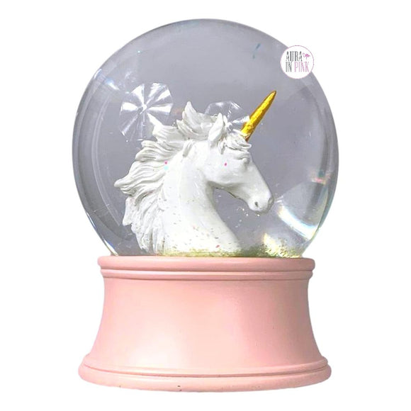 Musical Unicorn Head Iridescent Glitter Glass Snow Globe w/Pink Base - Aura In Pink Inc.