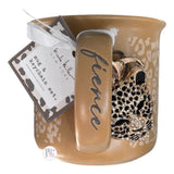 Nicole Miller NY Fierce Leopard Print Tan Large Ceramic Coffee Mug & Bling Leopard Clip Keychain Set