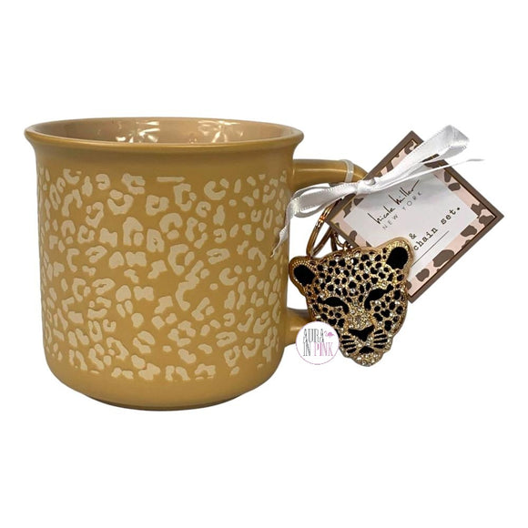 Nicole Miller NY – Große Kaffeetasse aus Keramik in Hellbraun mit Leopardenmuster und glitzerndem Schlüsselanhänger-Set mit Leoparden-Clip