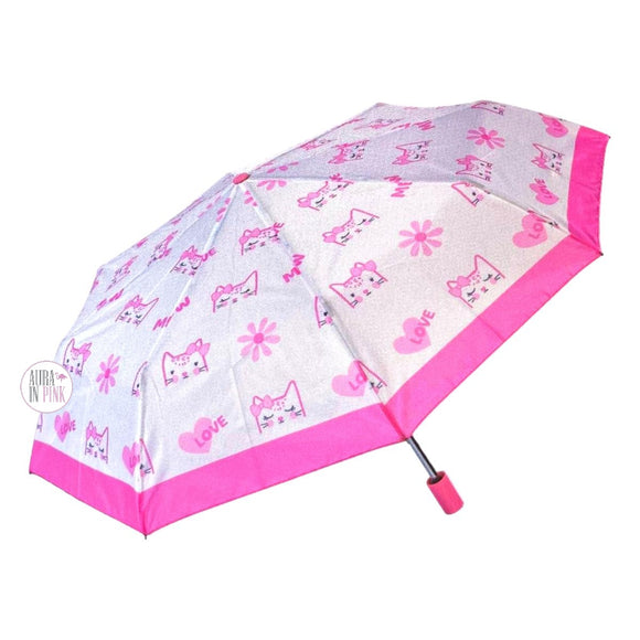 Nicole Miller New York White & Bubblegum Pink Cats Umbrella w/Sleeve