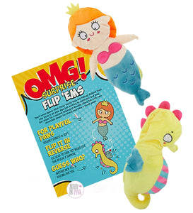 OMG! Surprise Flip 'Ems Seas The Day Mermaid Seahorse Reversible Squeaky Plush Dog Toy - Aura In Pink Inc.