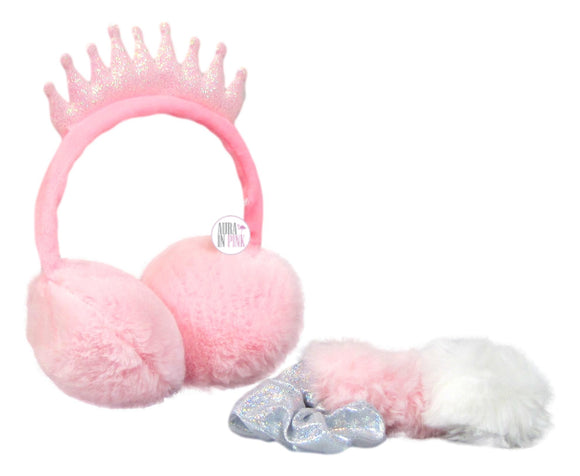 OMG! iLysm Pink Glitter Tiara Faux Fur Ear Muffs & Trio Hair Scrunchies Set - Aura In Pink Inc.