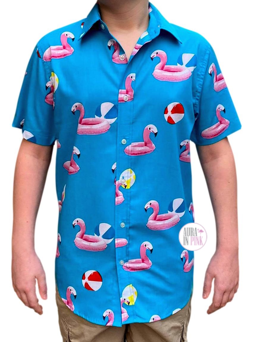 Ocean Current Aqua Blue Pink Flamingo Pool Floaty Button Down Shirt – Aura  In Pink