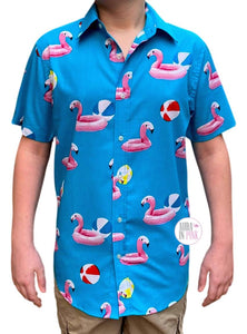 Ocean Current Aqua Blue Pink Flamingo Pool Floaty Button Down Shirt - Aura In Pink Inc.