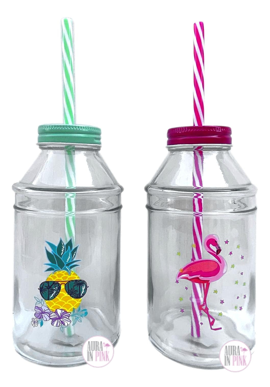 Old Fashioned Glass Sipper Milk Bottles w/Lids & Reusable Color Twist –  Aura In Pink Inc.