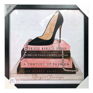 Oliver By Oliver Gal Paris Black High Heel Shoe & Pearl Necklace On Fashion Books Wall Art Framed In Glass - Medium