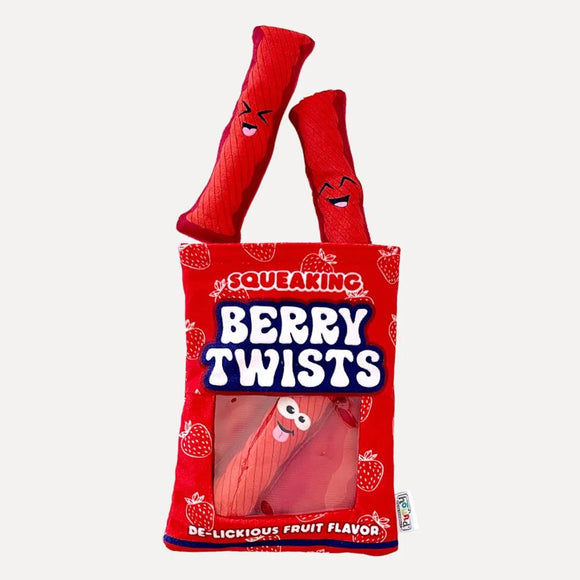 Outward Hound Berry Twists Red Licorice Crinkly Puzzle Snack Bag Squeaky Plush Hide & Seek Dog Toy - Aura In Pink Inc.