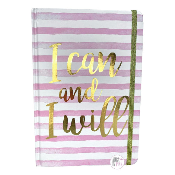 Paper Tales – Inspirierendes Tagebuch „I Can And I Will“ mit Goldfolienschrift, rosa-weiß gestreift