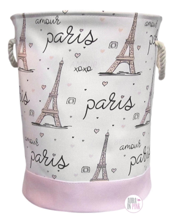 Madison Art Gorgeous Paris Eiffel Tower White & Pink Flexible Canvas Laundry/Storage Basket w/Rope Handles - Aura In Pink Inc.