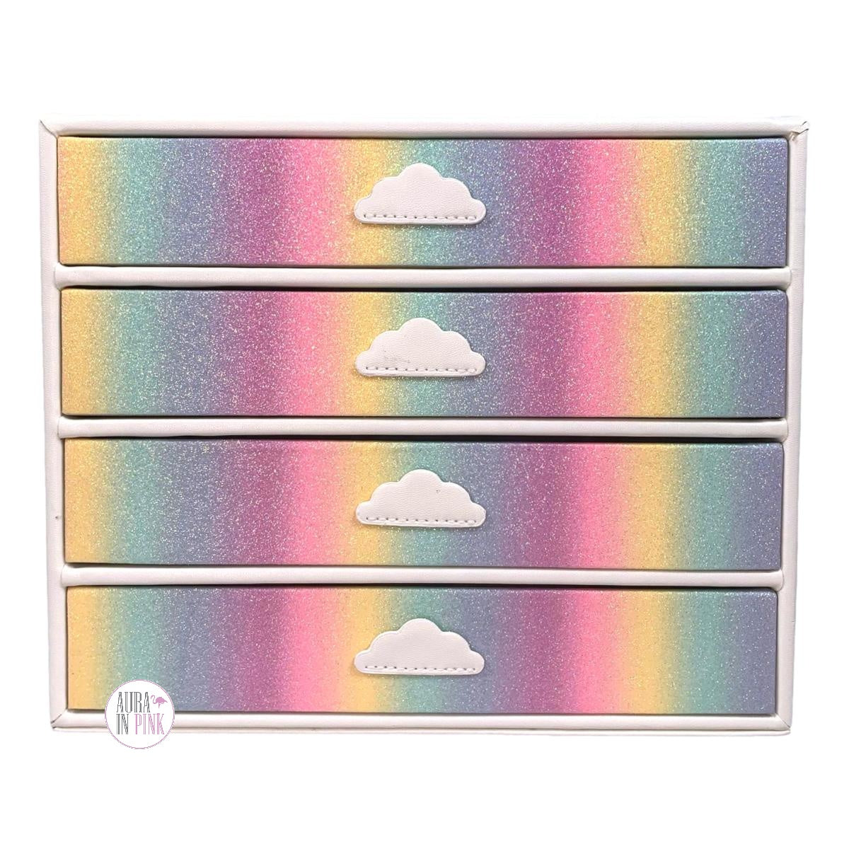 Pastel Rainbow Glitter Faux Leather Four Drawer Jewelry Box w/Cloud Ha –  Aura In Pink Inc