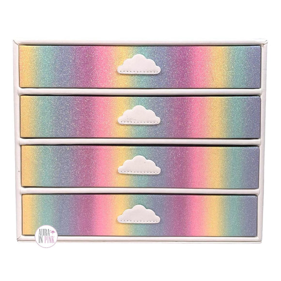 Schmuckschatulle aus Kunstleder mit vier Schubladen und Wolkengriffen, Pastellfarbener Regenbogen-Glitzer